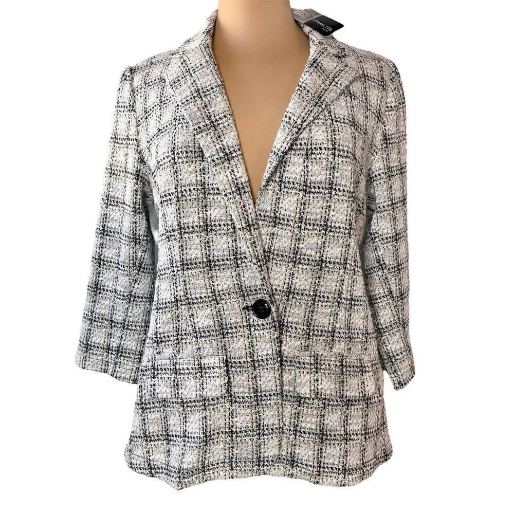Soho Apparel Size M Plaid Black White Suit Jacket Women's 3/4 Sleeve Tweed Look